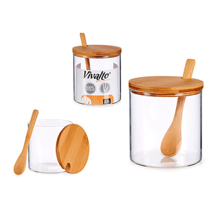 Azucarero borosilicato con tapa de bambú + cuchara.