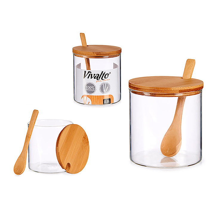 Azucarero borosilicato con tapa de bambú + cuchara.