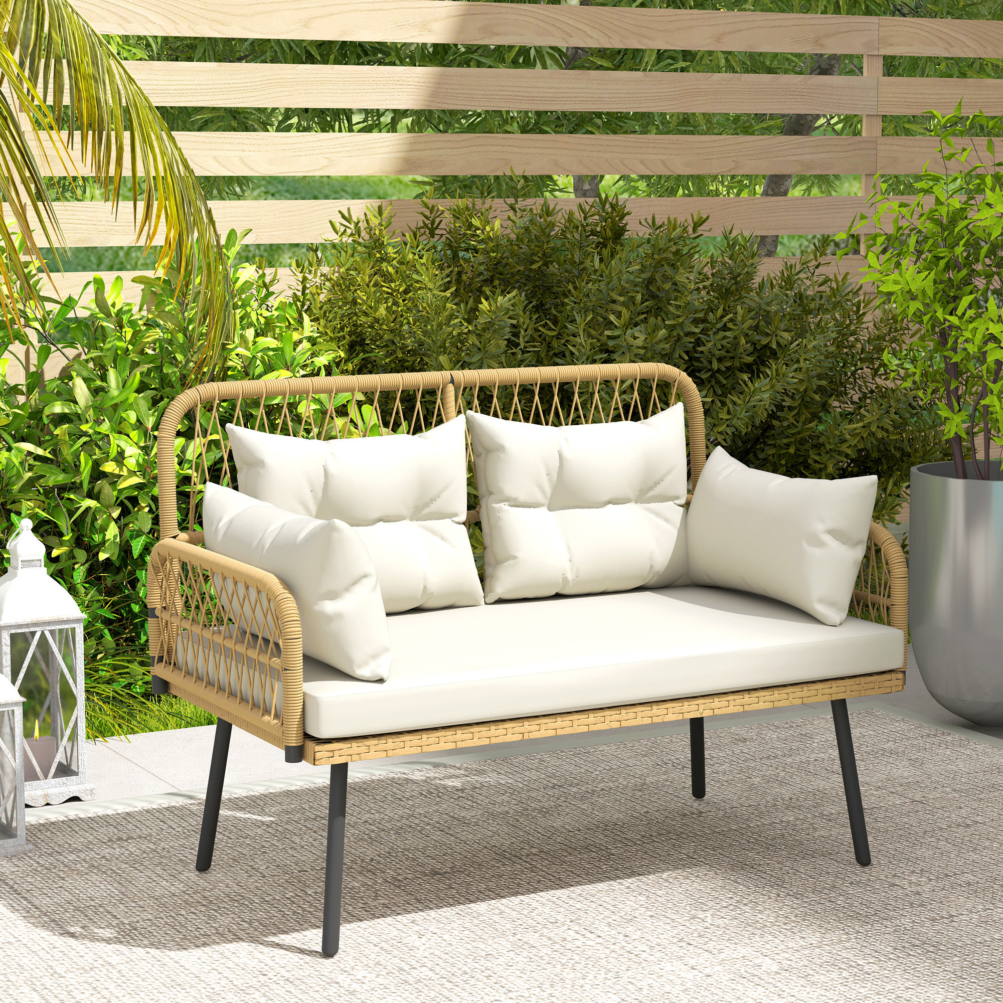 Canapé de jardin 2 places style colonial 5 coussins beige résine tressée aspect rotin