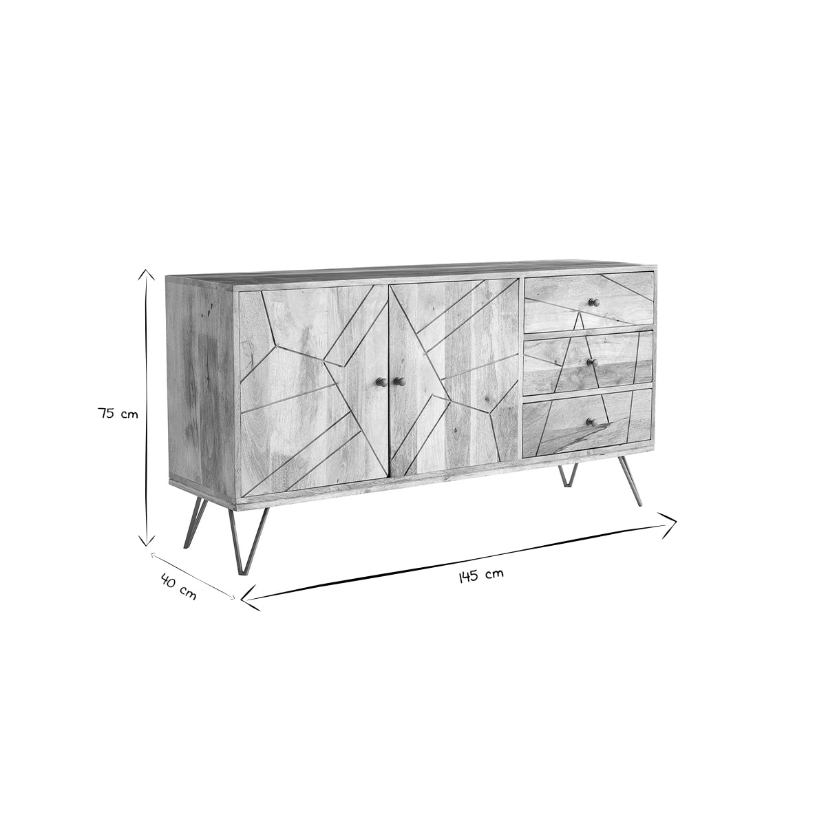 Buffet gravé en bois manguier massif et métal doré 2 portes 3 tiroirs L145 cm LINIUM