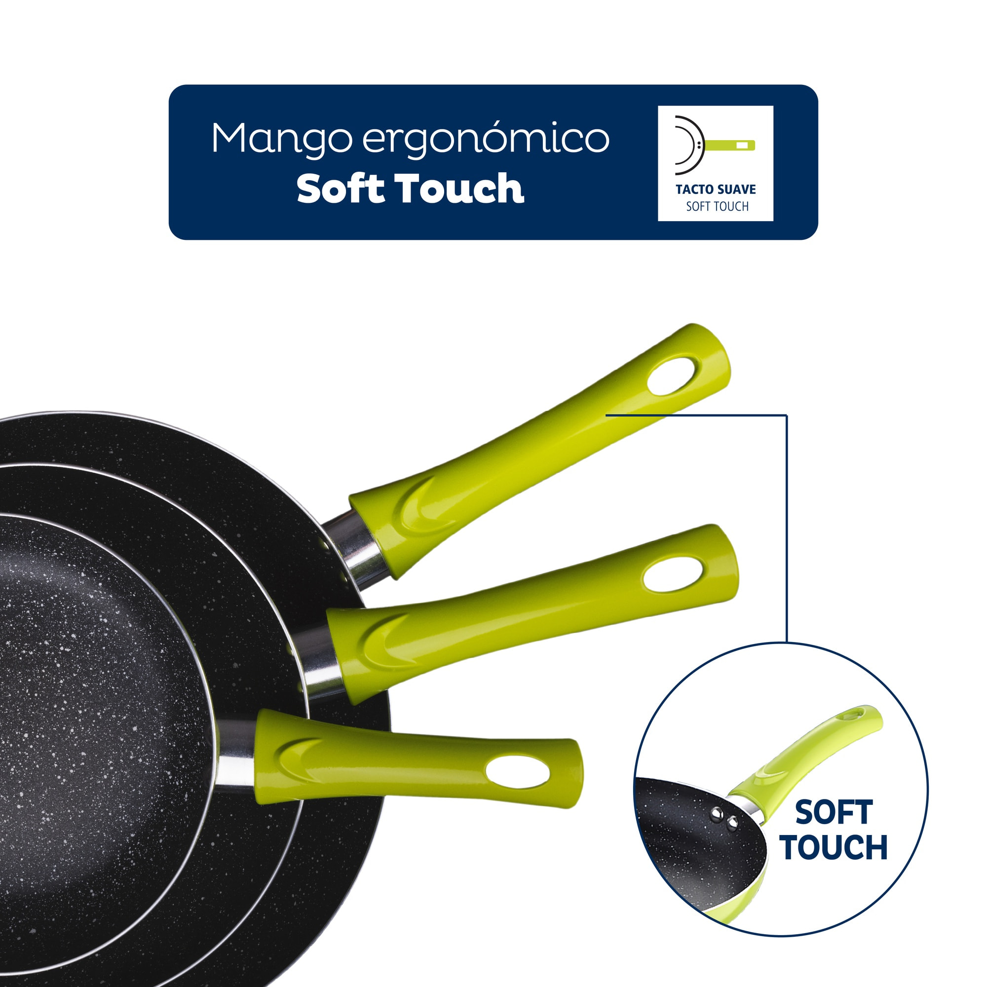 Set 3pc sarten (20+24+28cm) aluminio prensado verde con set 3pc utensilios de cocina nylon