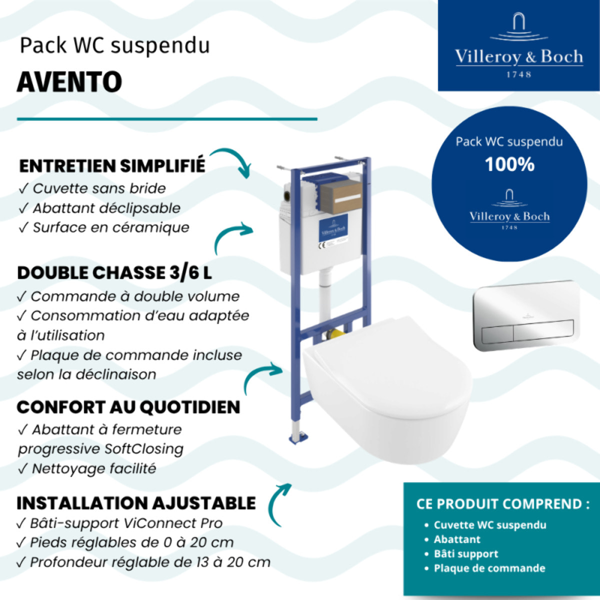 Pack WC suspendu sans bride Avento + abattant + bâti-support sol et mur + plaque chromée