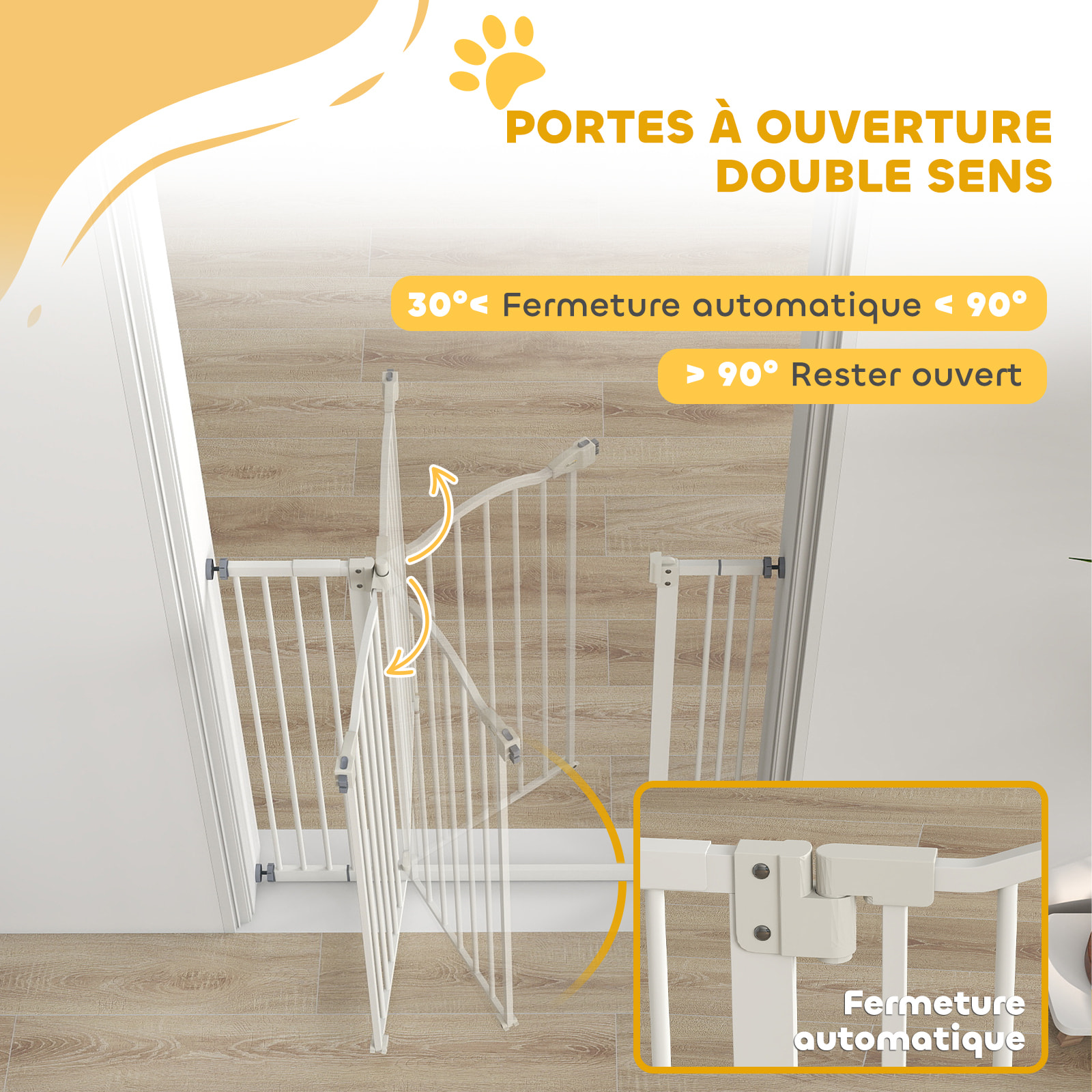 Barrière de sécurité pour chien extensible 74-100 cm, barrière d'escalier à fixation par pression sans percer, double verrouillage, fermeture automatique, hauteur 94 cm, blanc