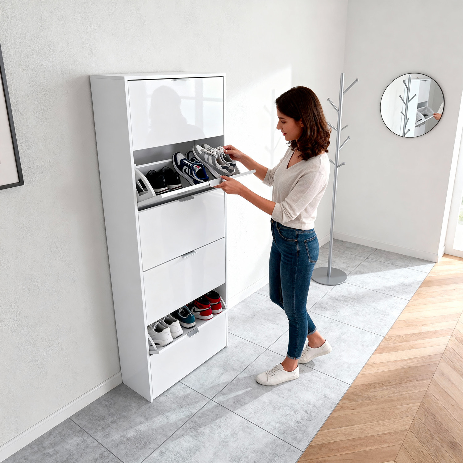 Scarpiera Armadio con 5 Ante Ribaltabili in Legno, Mobile Porta Scarpe Scaffale Mensola Organizzatore per Casa, Ingresso 70×17×180 Cm Bianco Lucido