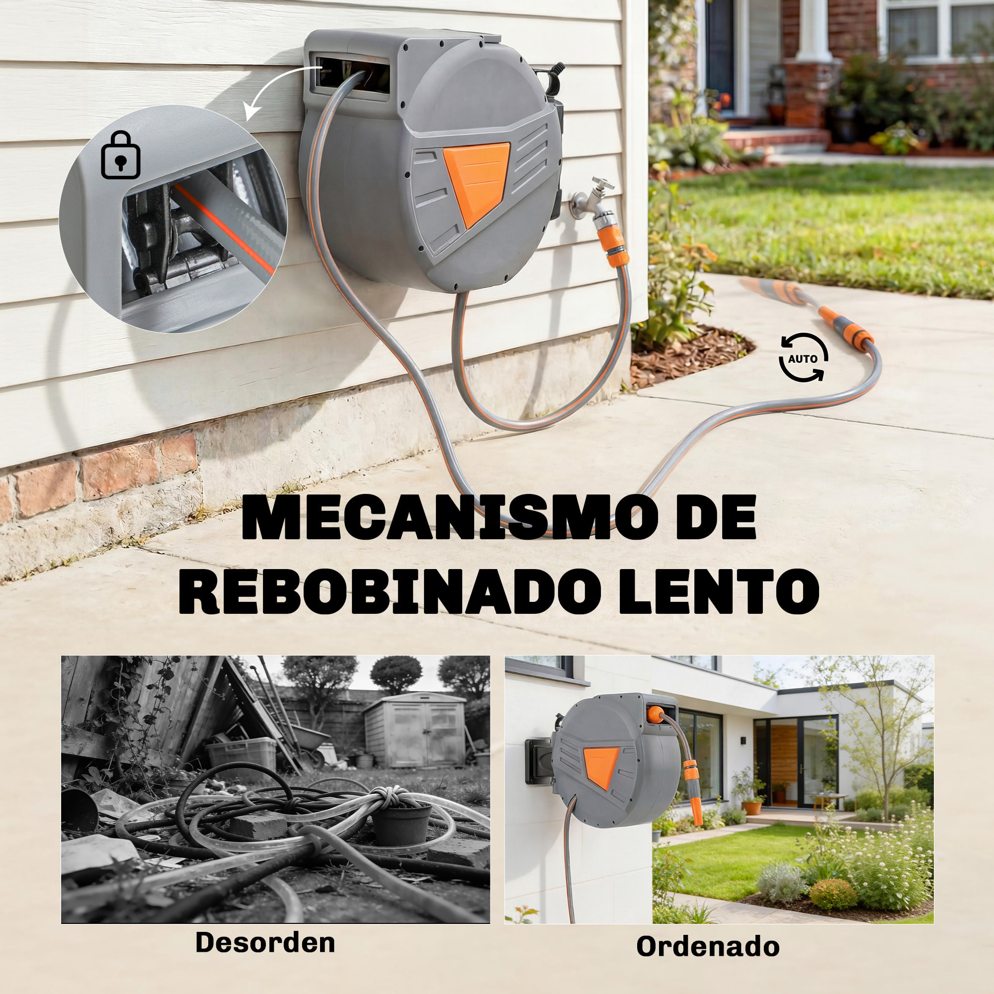 Enrollador de Manguera para Jardín 30+2 m con Boquilla de 2 Modos, Carrete de Manguera de Jardín de Pared con Bloqueo Automático y Retracción Controlada, Soporte Orientable 180°, Naranja
