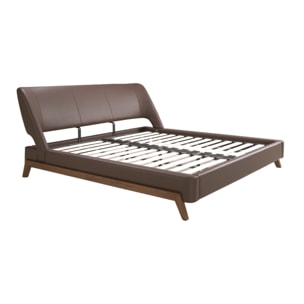 Cama Angel Cerdá de matrimonio con cabecero y estructura en polipiel en marrón chocolate y patas de madera chapada en nogal natural 205x237x95cm