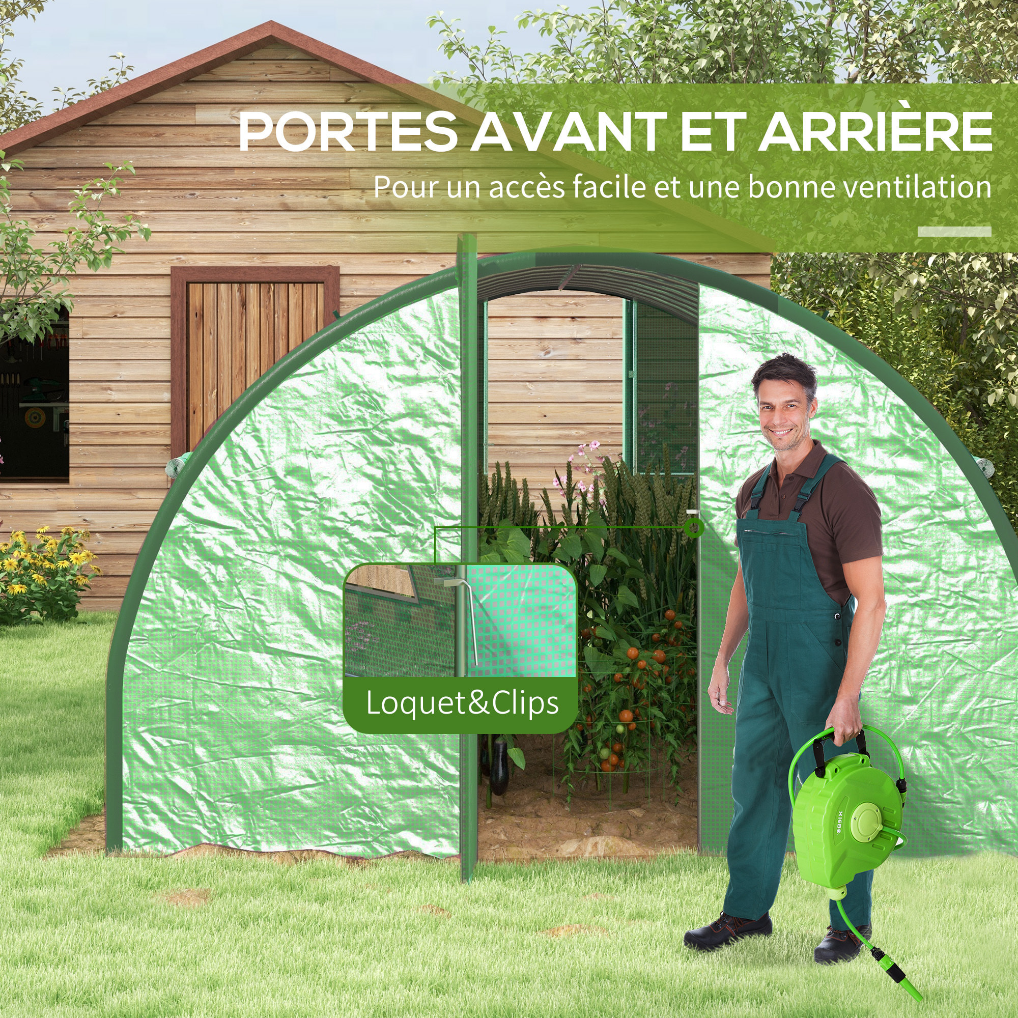 Serre de jardin tunnel 18 m² 8 fenêtres 2 portes articulées acier galvanisé PE haute densité vert