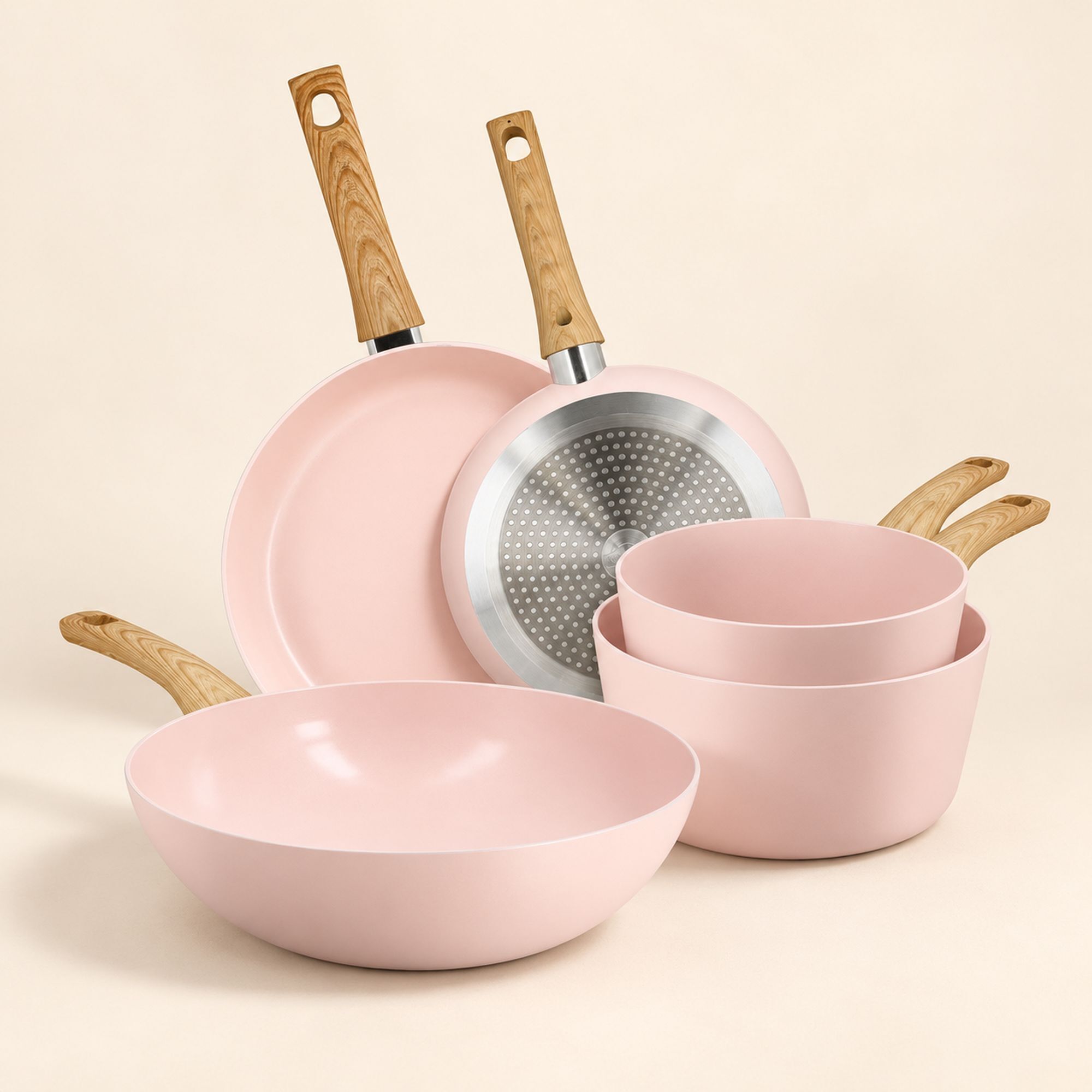 Batterie de cuisine 5 pièces en aluminium recyclé rose - tous feux COLORAMA