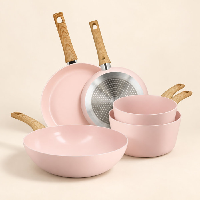 Batterie de cuisine 5 pièces en aluminium recyclé rose - tous feux COLORAMA
