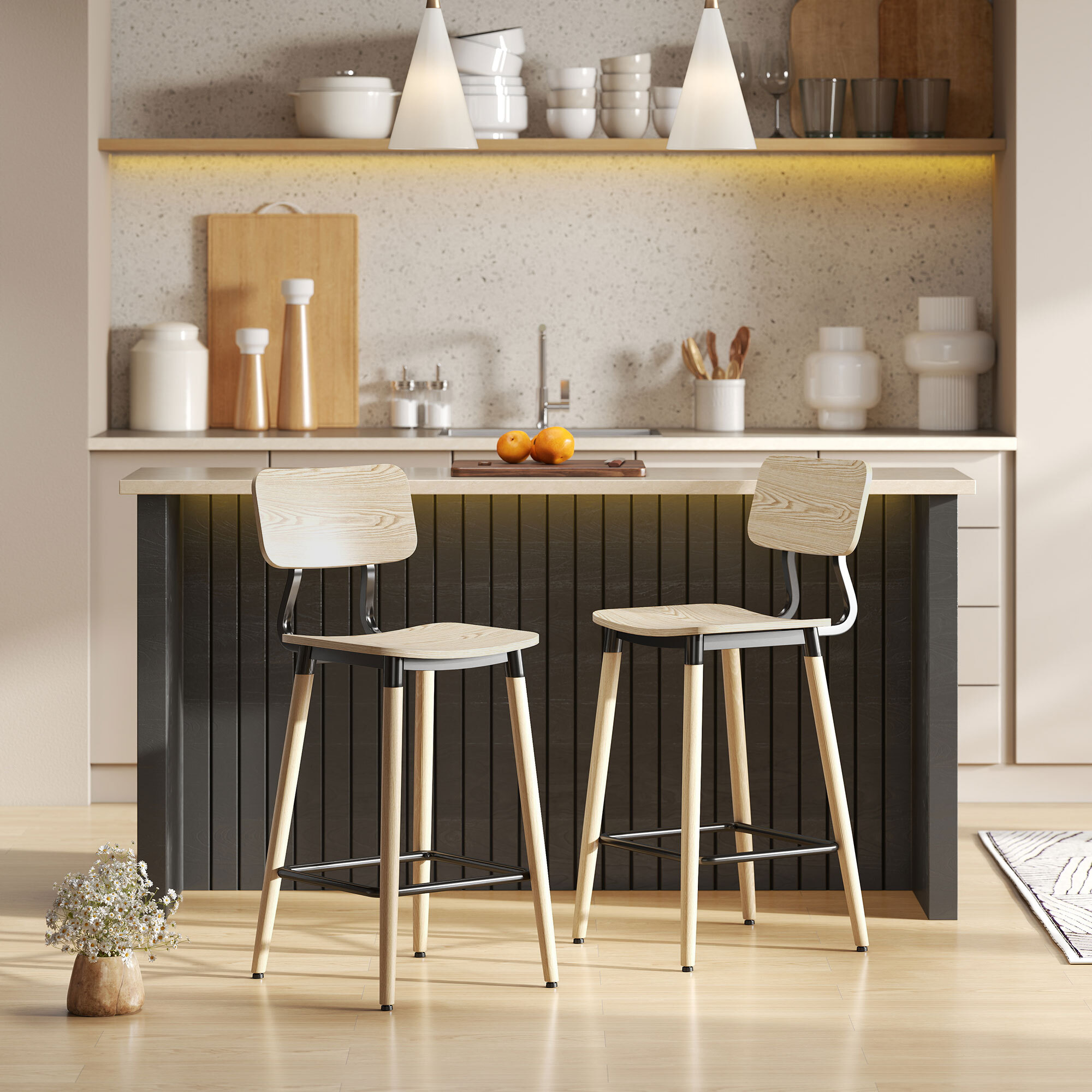 Lot de 2 chaises de bar style nordique néo-rétro piètement acier effilé effet bois