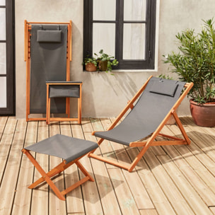 Chiliennes bois - Creus - 2 transats en bois d'Eucalyptus huilé avec coussin repose-tête gris et repose-pieds