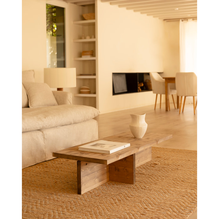Table basse en bois massif ton chêne foncé 124x27cm Hauteur: 27 Longueur: 123.5 Largeur: 46.6
