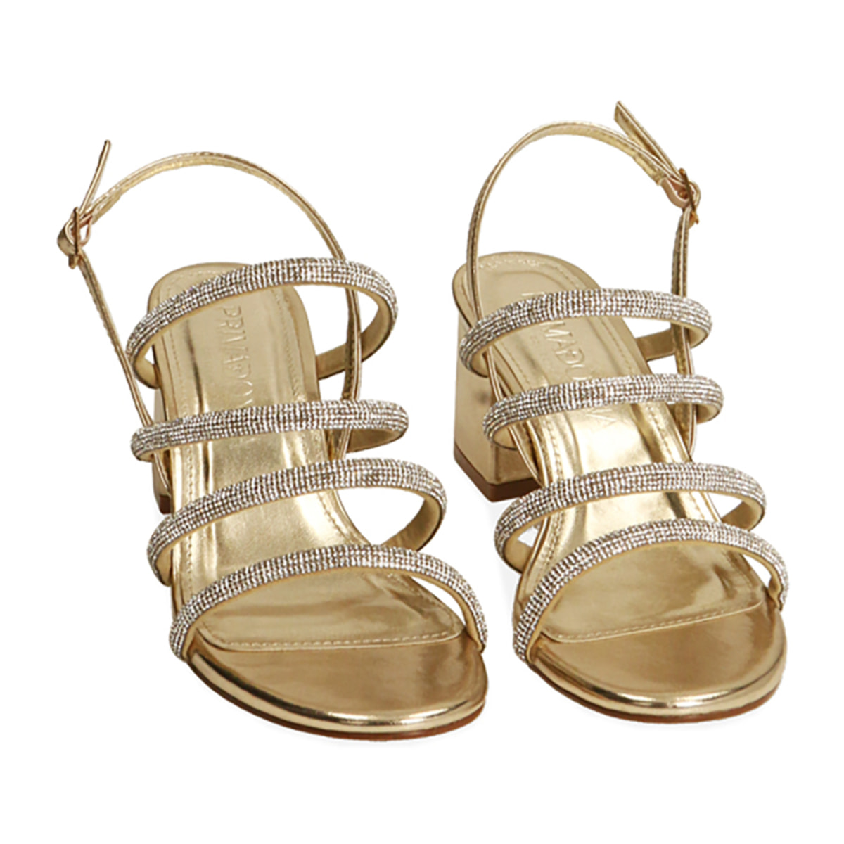Sandalias laminadas doradas, tacón de 5,5 cm