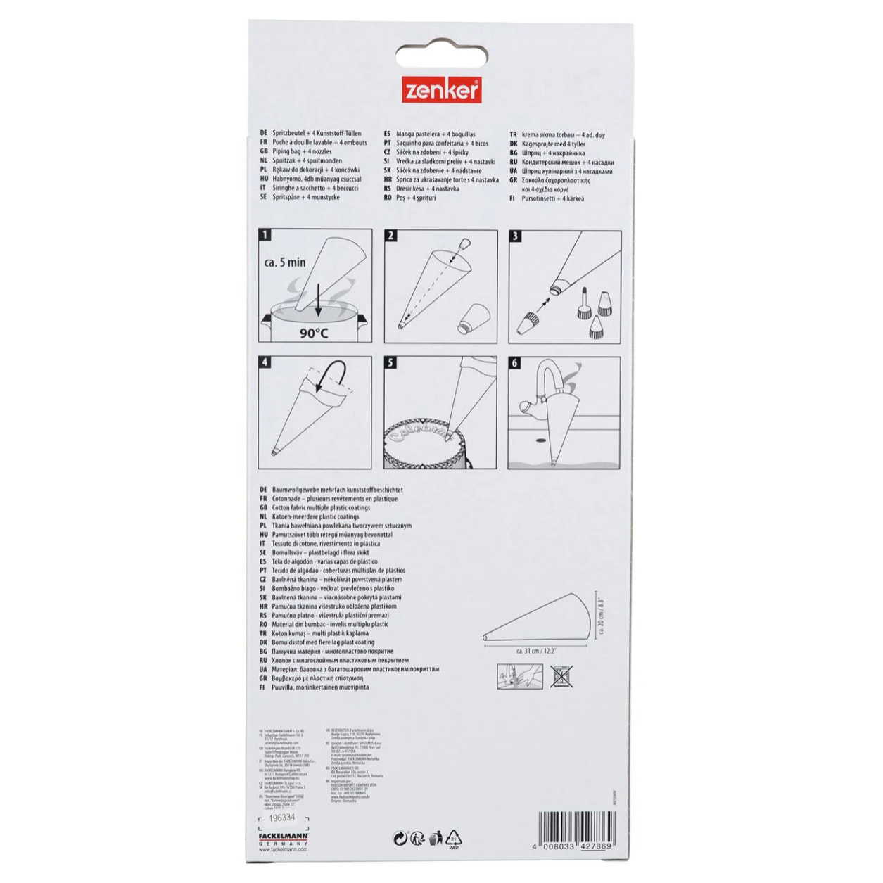 Ensemble de 2 Poches à douille réemployable et 4 embouts plastique 31 cm Zenker Smart Pastry
