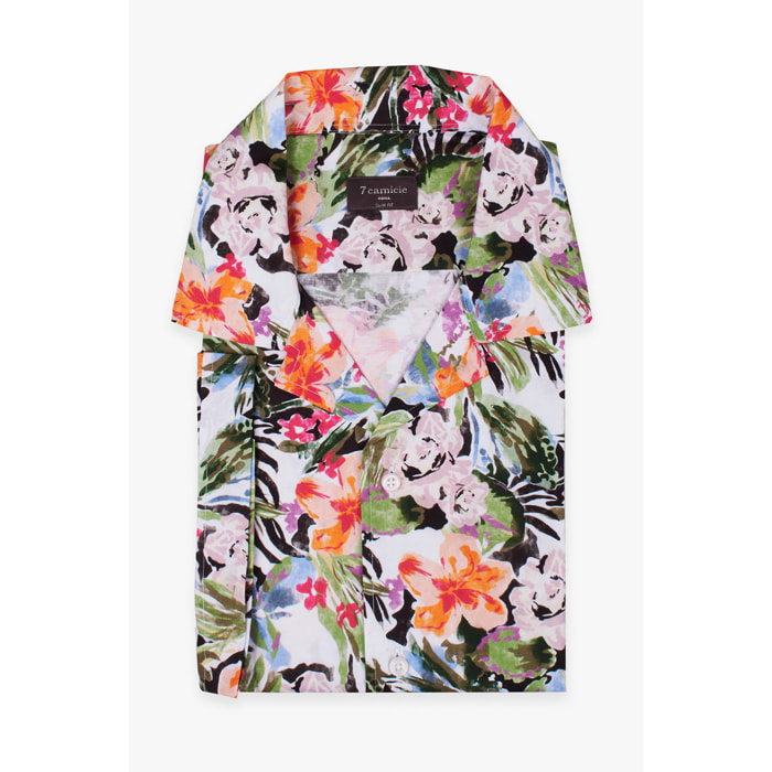 camicia uomo manica corta Popeline Stampato Verde Foglia Rosa