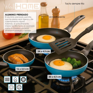 set de batería de cocina de 5pc en acero inoxidable + 3 sartenes ø16ø20ø24cm azul mate en aluminio prensado