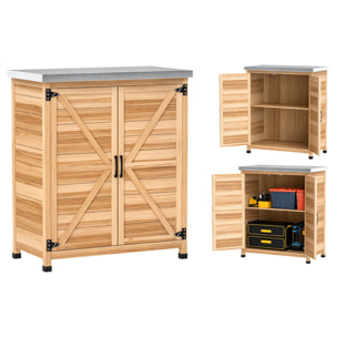 Armario de Exterior de Madera, Caseta de Jardín Exterior con Techo de Acero Galvanizado, Estante, 2 Puertas, Cobertizo de Jardín para Almacenamiento de Herramientas, 79x43x92 cm, Natural
