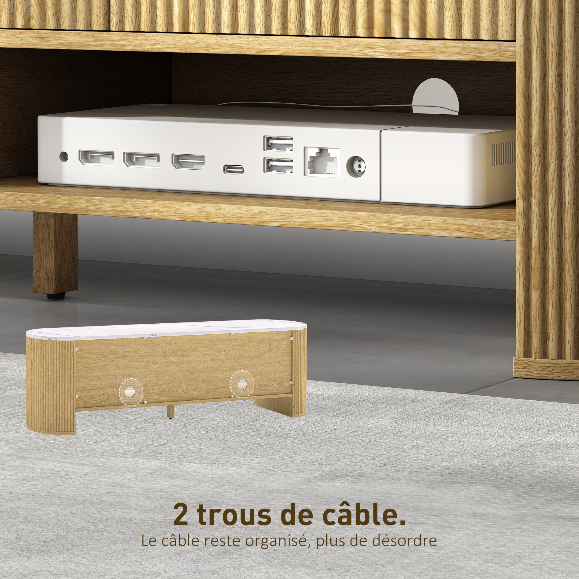 Meuble TV design ovale effet marbre blanc 140 x 40 x 43 cm 3 tiroirs 2 niches aspect bois clair