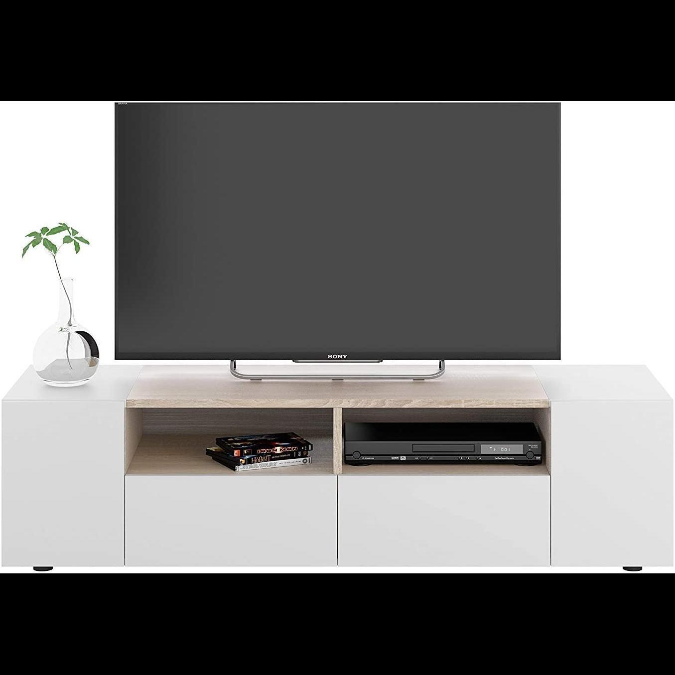 Mobile Porta TV Moderno Con Ante E Vani a Giorno Parete Attrezzata Salvaspazio Per Soggiorno Salotto Cameretta Camera 138x40.2x34 Cm Bianco E Rovere