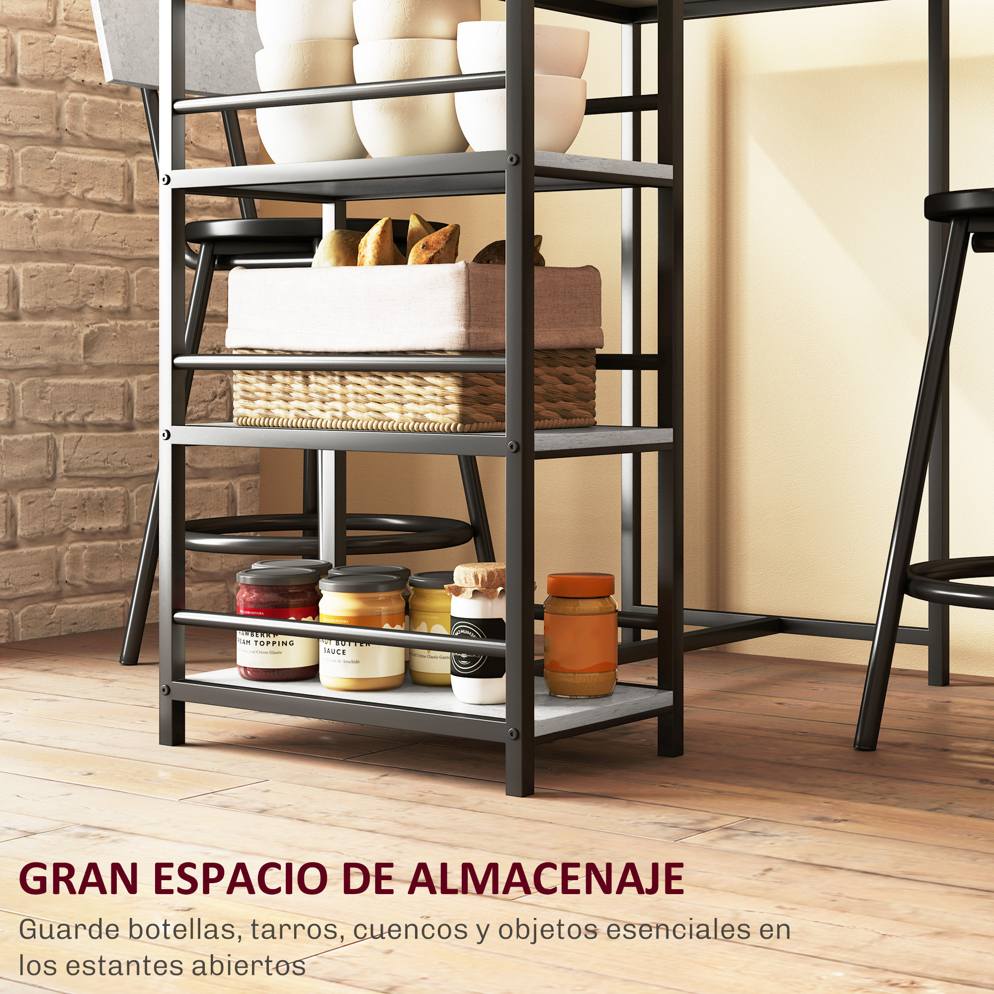 Conjunto de Mesa Alta de Bar con 2 Taburetes Mesa Alta de Cocina con Taburetes Estantes Laterales Asiento Acolchado y Barra para Descanso de Pies para Comedor Gris Oscuro