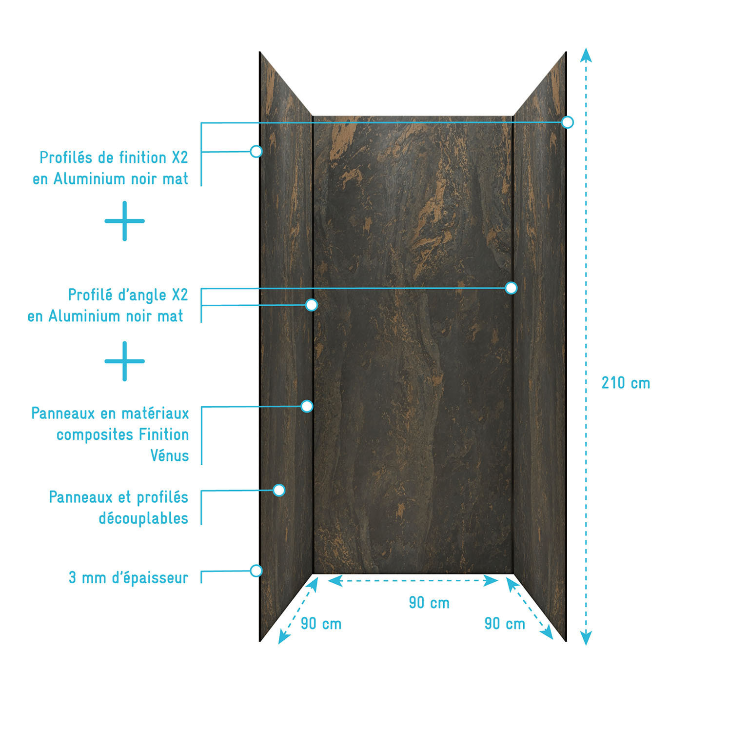 Pack 3 Panneaux Muraux Pierre Venus 90x210cm et Profilés Noirs - STONE'IT