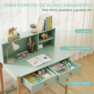 Escritorio Infantil, Mesa de Escritorio para Niños con 3 Compartimentos Abiertos y 2 Cajones, Patas de Madera, para Estudio, Entrada, Dormitorio, para Niños de 5-12 Años, 90x52x105 cm, Verde