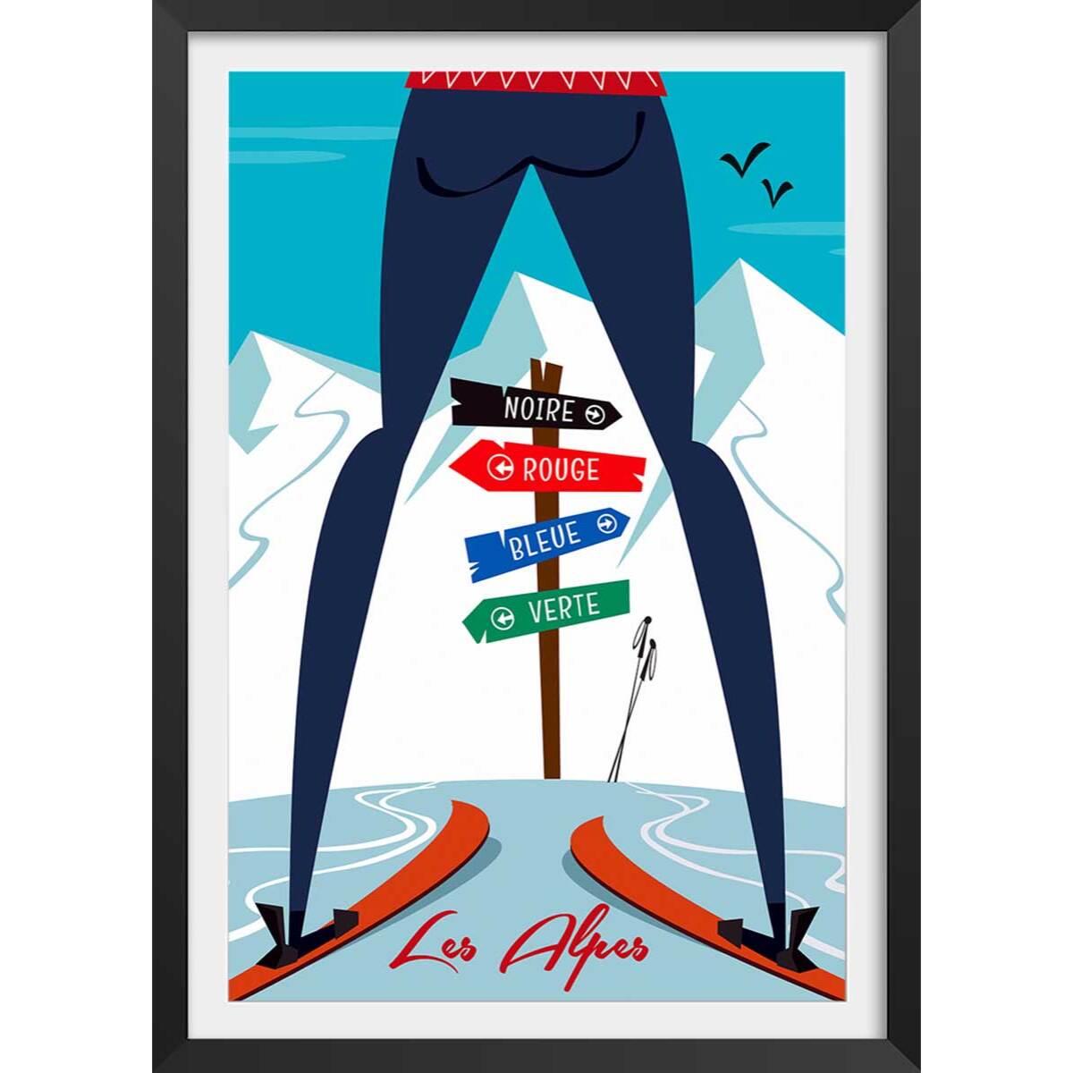 Poster retro piste noire…ou verte! Affiche + cadre en bois - Noir