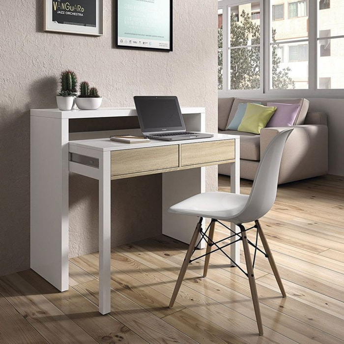 Mesa de escritorio extensible con 2 cajones en blanco artik y roble canadian 98,5x36-70 cm Bureau Blanco Artik (Blanco Mate) - Roble Canadian