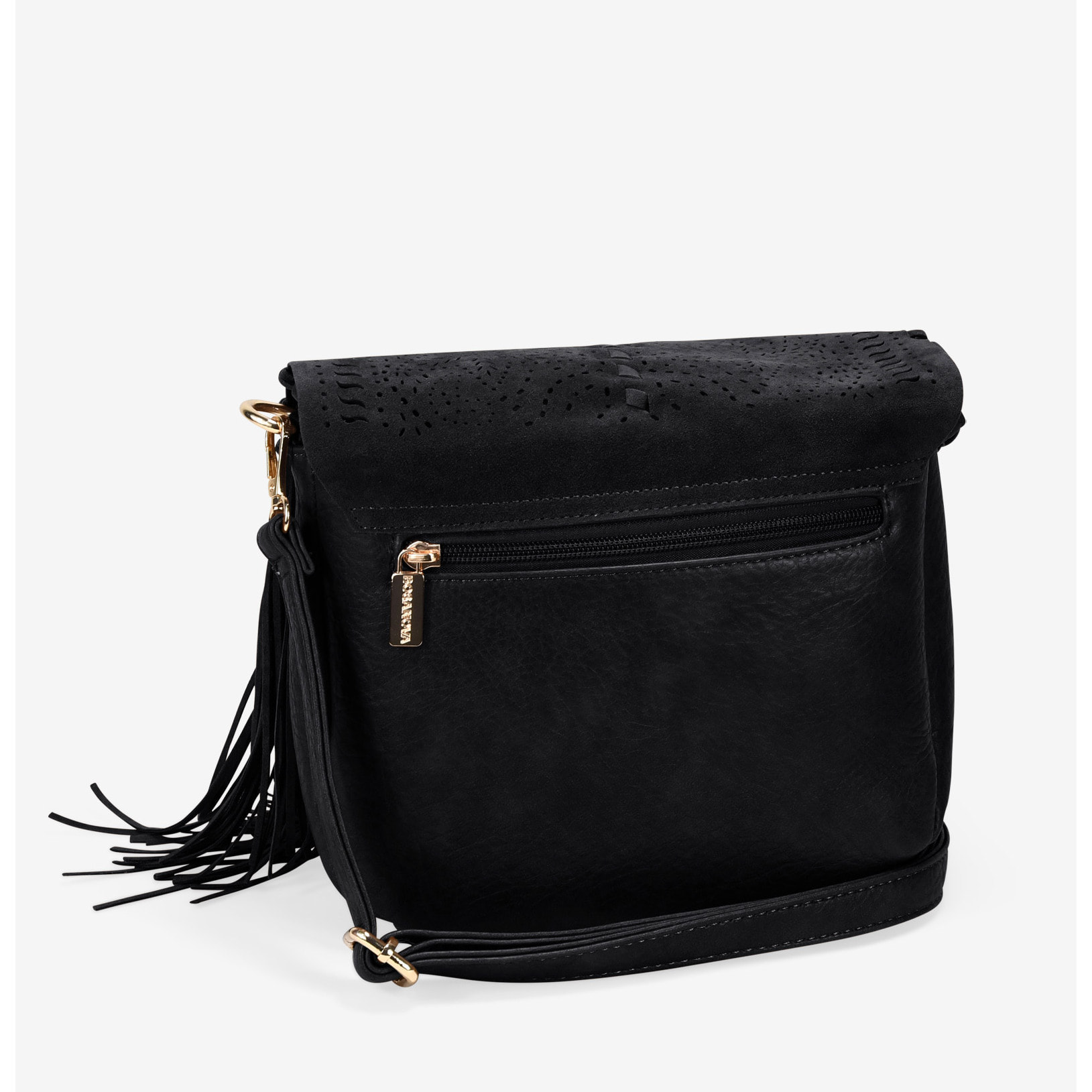 Bolso de hombro negro con solapa y flecos