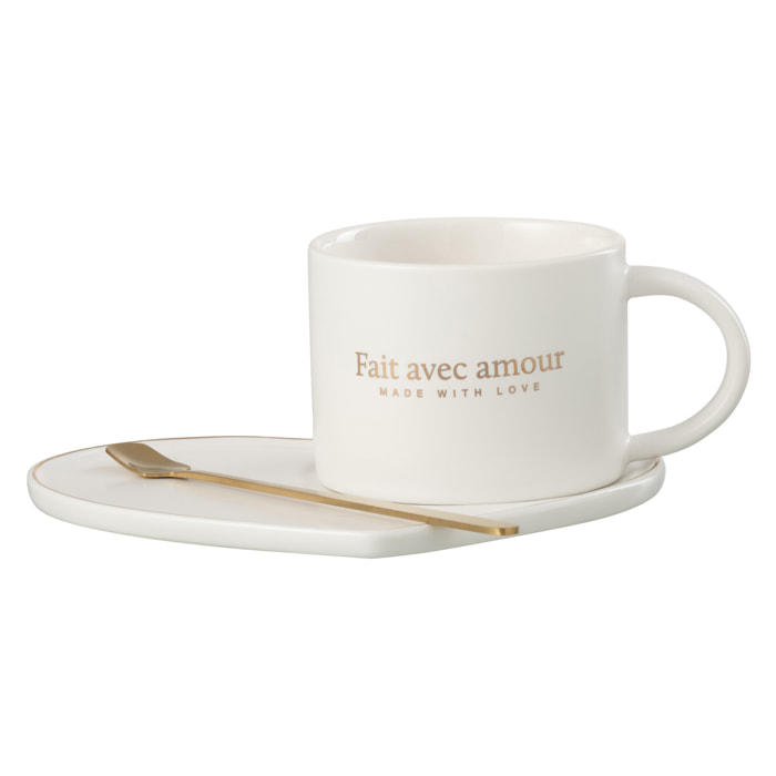 J-Line tasse + soucoupe + cuillère Coeur Français - porcelaine - blanc - 6 pièces