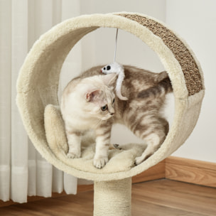 Arbre à chat rond style cosy chic griffoir grattoirs sisal jeu suspendu souris niche avec coussin cordes d'algues tressées peluche courte beige