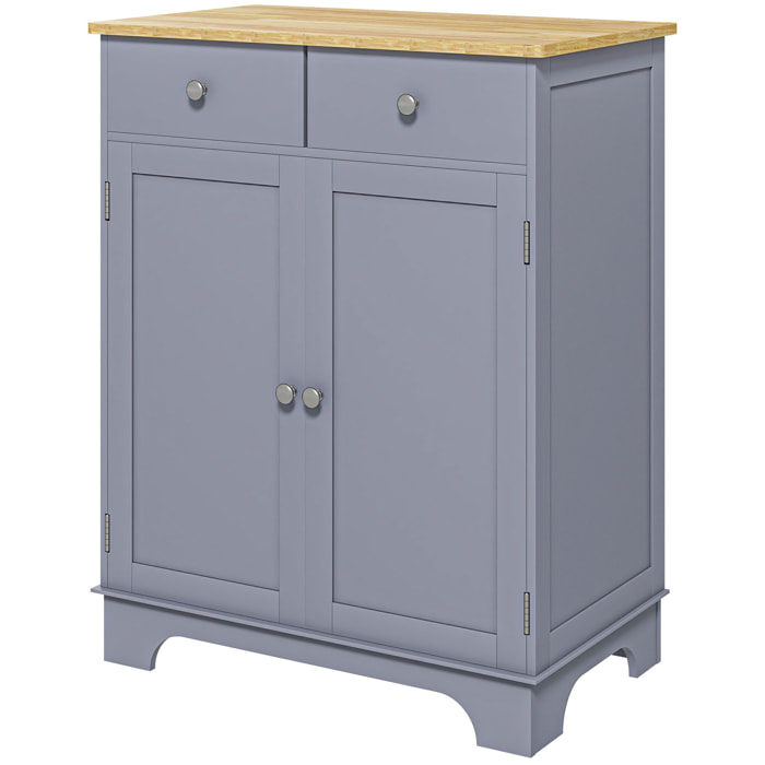 Buffet multi-rangement 2 portes avec étagère réglable 2 tiroirs coulissants MDF gris plateau bois d'hévéa