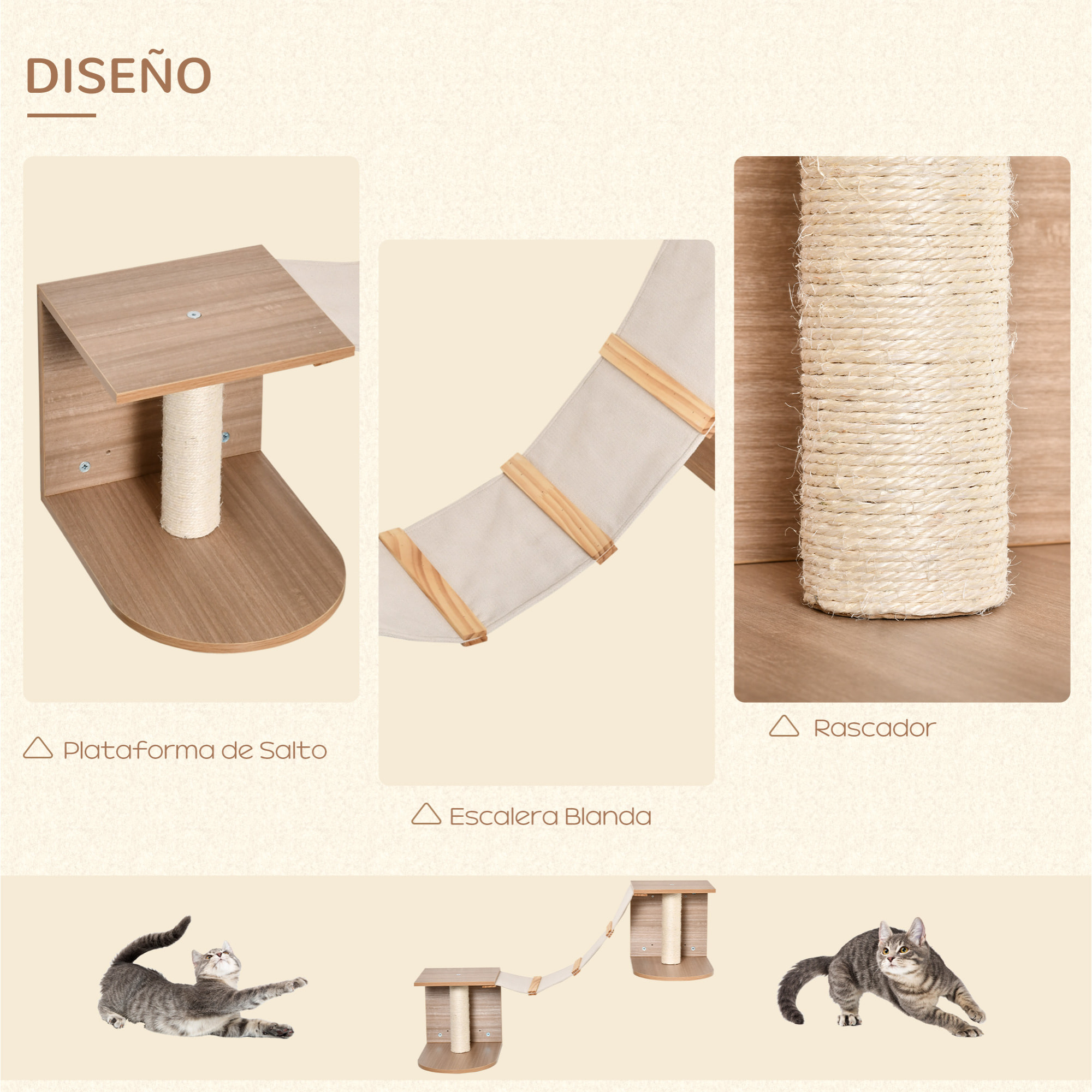 Estantes de Pared para Gatos con Escalera Plataformas Postes Rascadores de Sisal