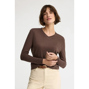 Maglietta cioccolato a maniche lunghe in misto lino con logo Polo Club