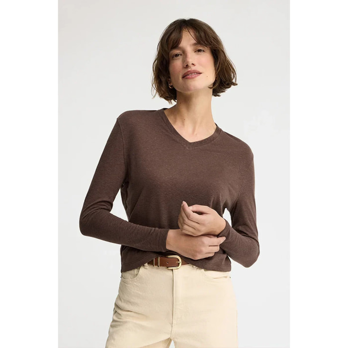 Maglietta cioccolato a maniche lunghe in misto lino con logo Polo Club