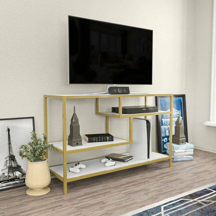 Mobile porta TV Dplizzar, Credenza da soggiorno, Armadio basso per TV, Base parete attrezzata, 120x39h75 cm, Oro e Bianco