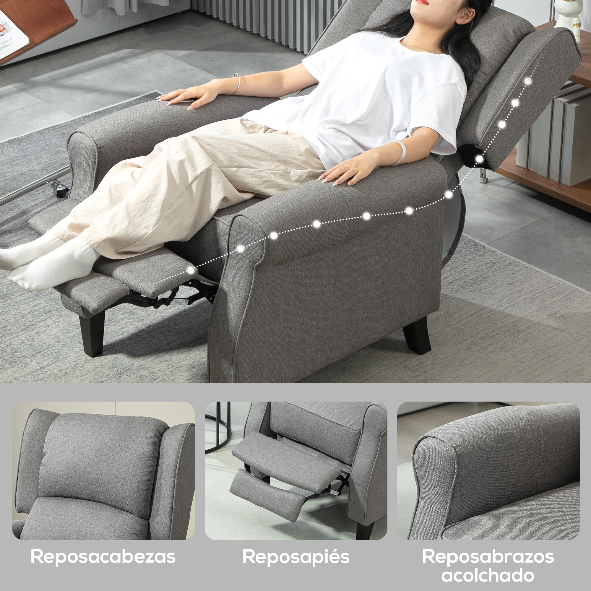 Sillón Relax Reclinable Manual Sillón Relax Tapizado en Lino Sintético con Reposapiés Retráctil Carga 150 kg Sillón Reclinable para Dormitorio Oficina Gris