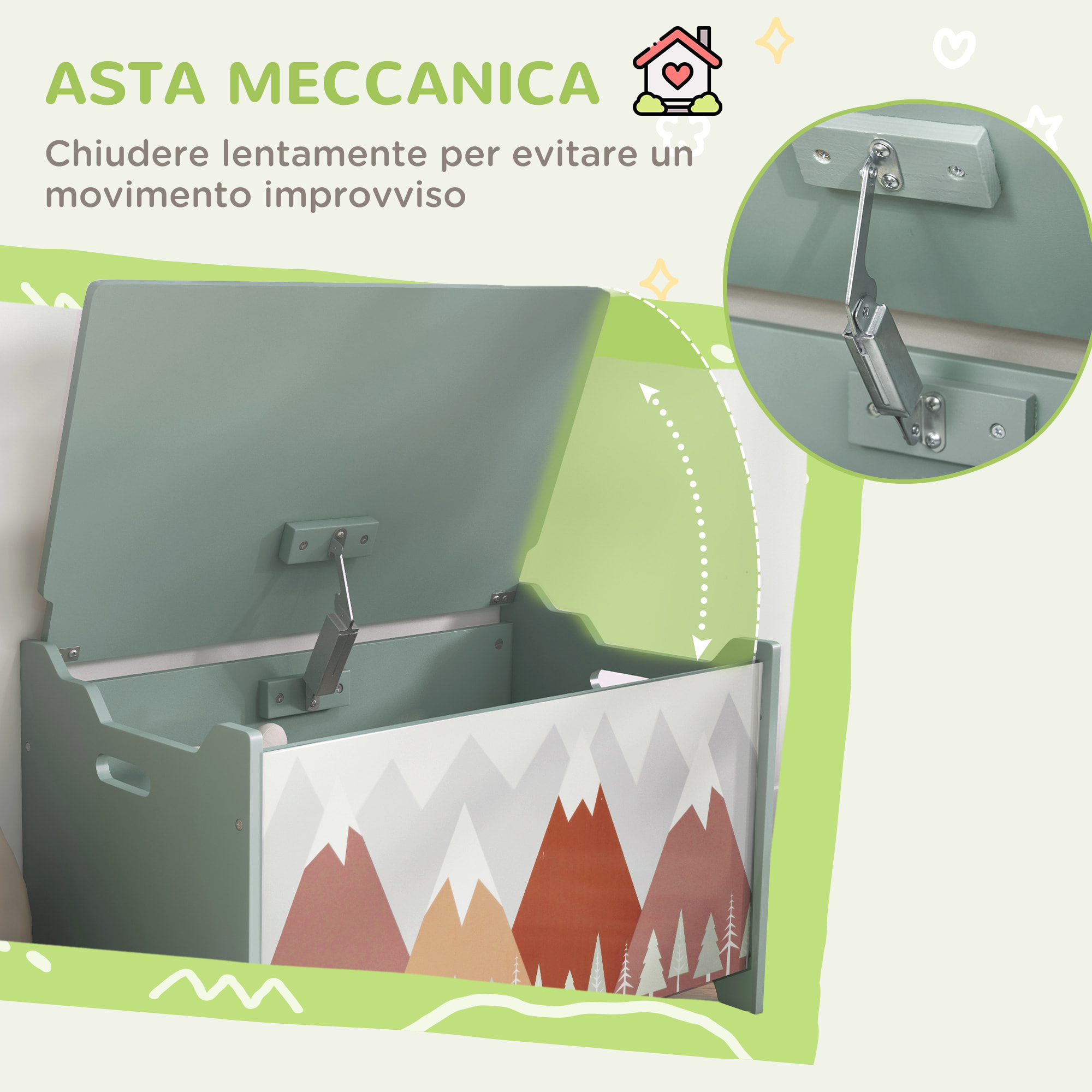 ZONEKIZ Baule Portagiochi per Bambini con Coperchio e Cerniera di Sicurezza in MDF, 60x37x39cm, Verde