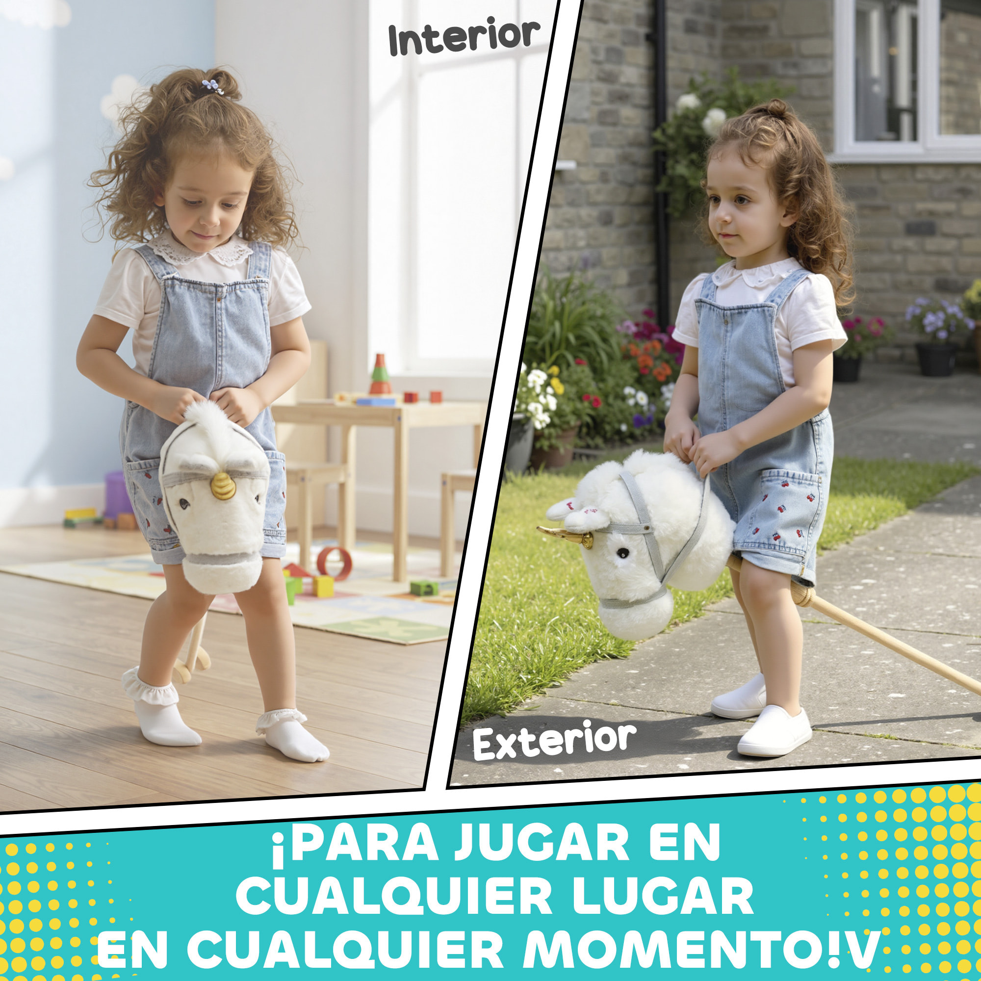 Cabeza de Caballo con Palo de Madera, Diseño Unicornio, Sonidos y Ruedas, Caballo de Juguete, 95 cm de Altura, Blanco
