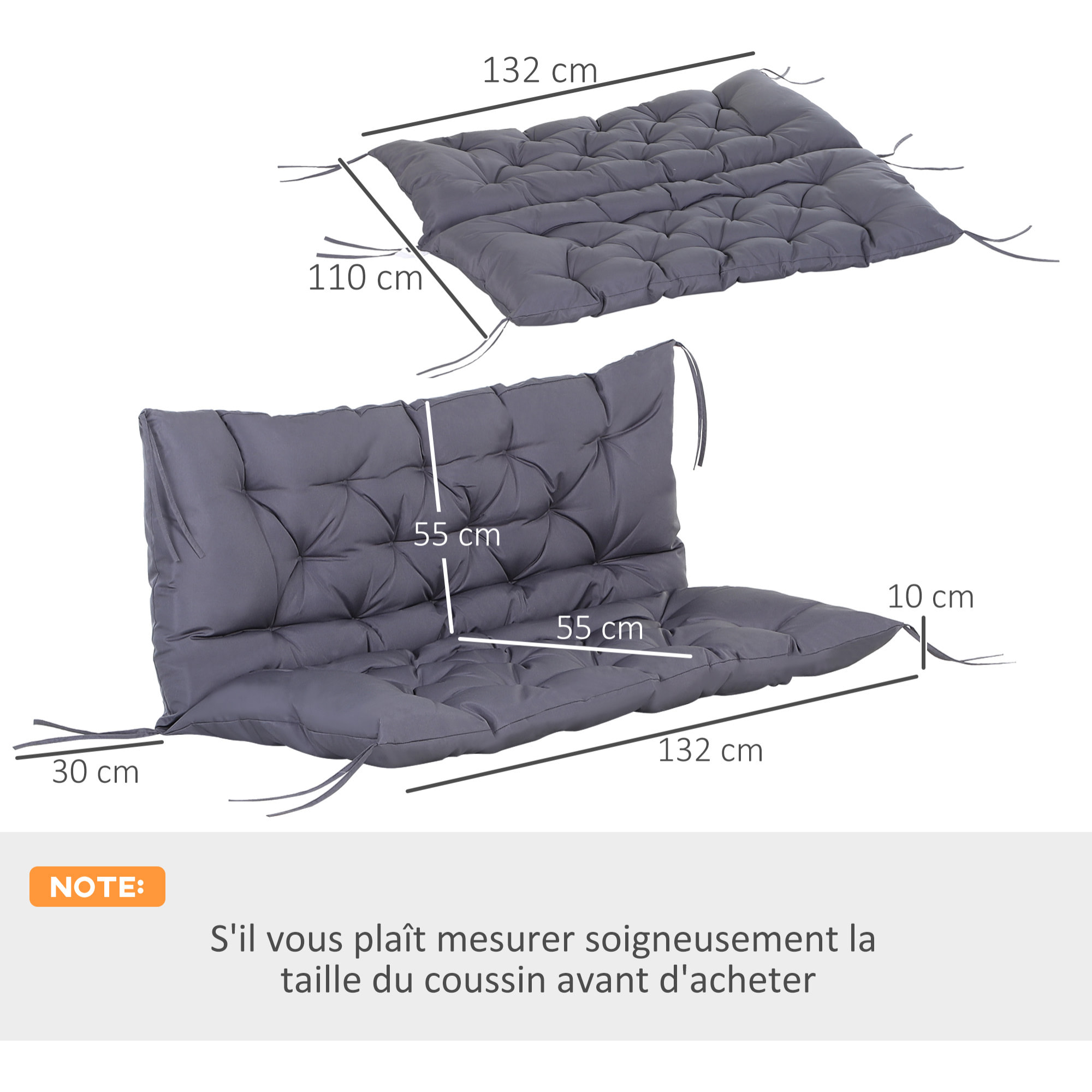 Coussin matelas assise dossier pour banc de jardin balancelle canapé 2 places grand confort 132 x 110 x 10 cm gris