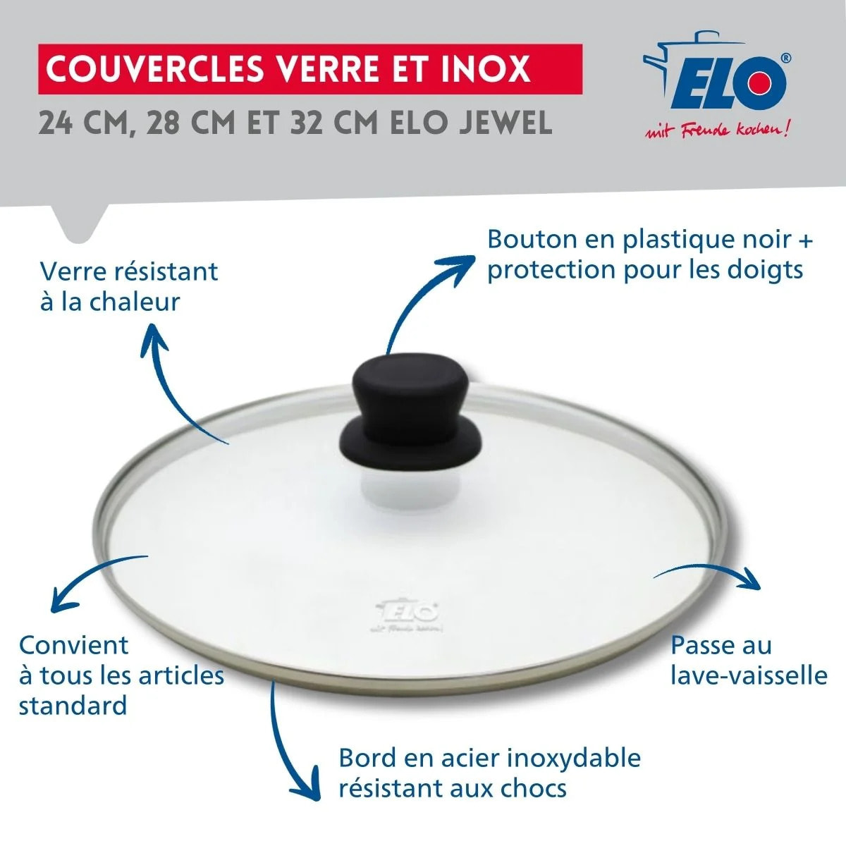 Set de 3 Poêles 24, 28 et 32 cm céramique sans PFAS et 3 couvercles Profi Therm Platinum Elo