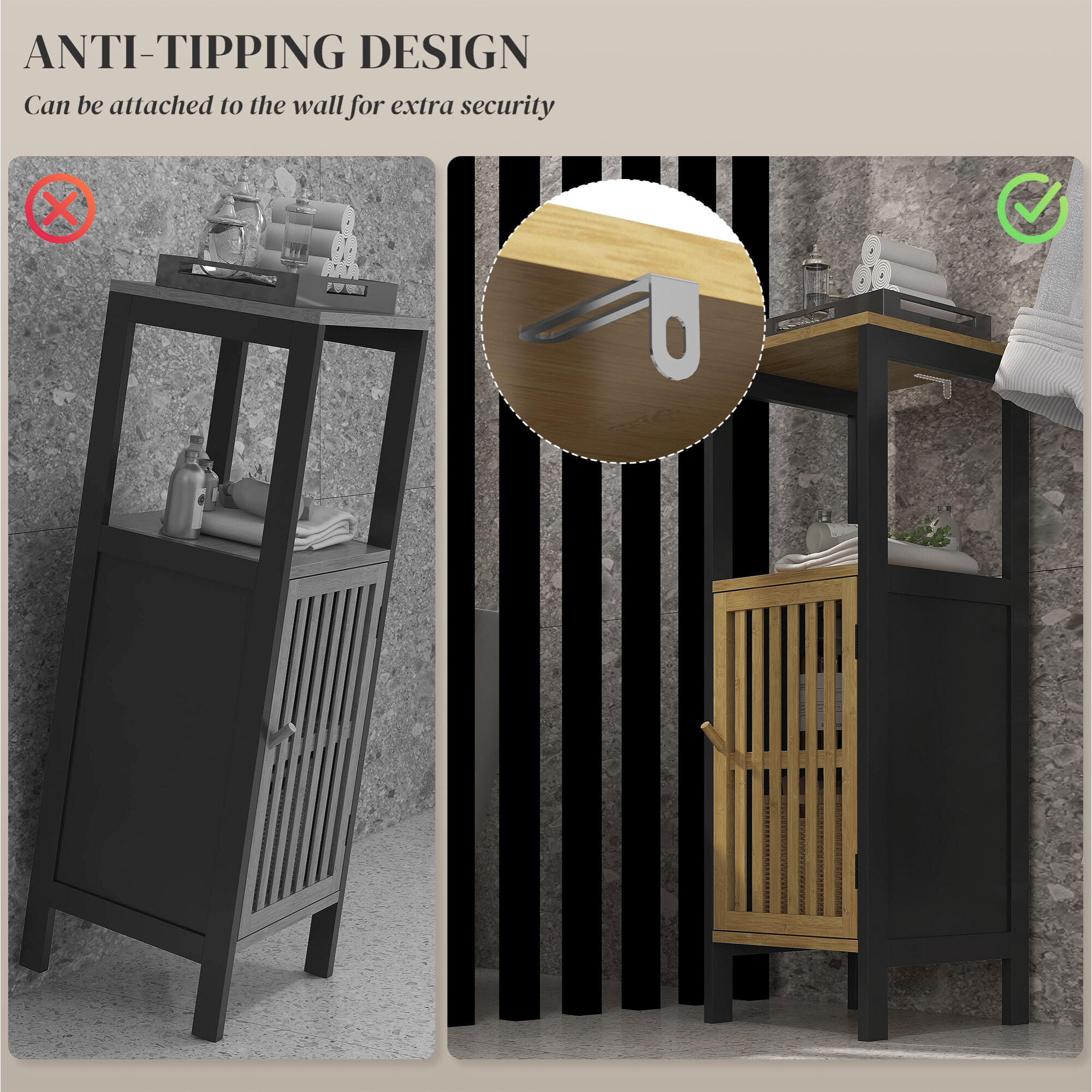 Meuble bas salle de bain - porte, 3 étagères - MDF noir bambou verni