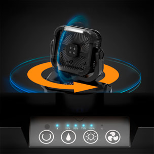 Ventilatore a 4 velocità con serbatoio da 12L, funzione spray, illuminazione doppia, oscillazione e telecomando. Include power bank da 20000 mAh, 16 W e vento max. 4,5 m/s.