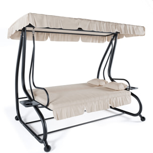 Dondolo 3 Posti Reclinabile Tettuccio Parasole Regolabile Cuscini Imbottiti Diventa Letto Struttura Robusta In Acciaio 200 x 120 x 160 cm Beige