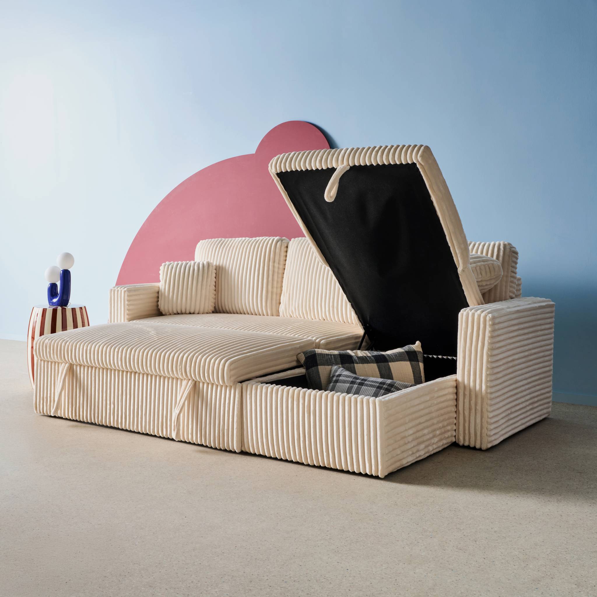 Canapé convertible réversible 3 places effet fourrure côtelé avec coffre IDA