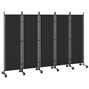 Biombo Plegable de 5 Paneles con 12 Ruedas, 252x170 cm, Biombo Separador de Ambientes con Clips de Conexión para Montaje Personalizado, para Salón u Oficina, Negro