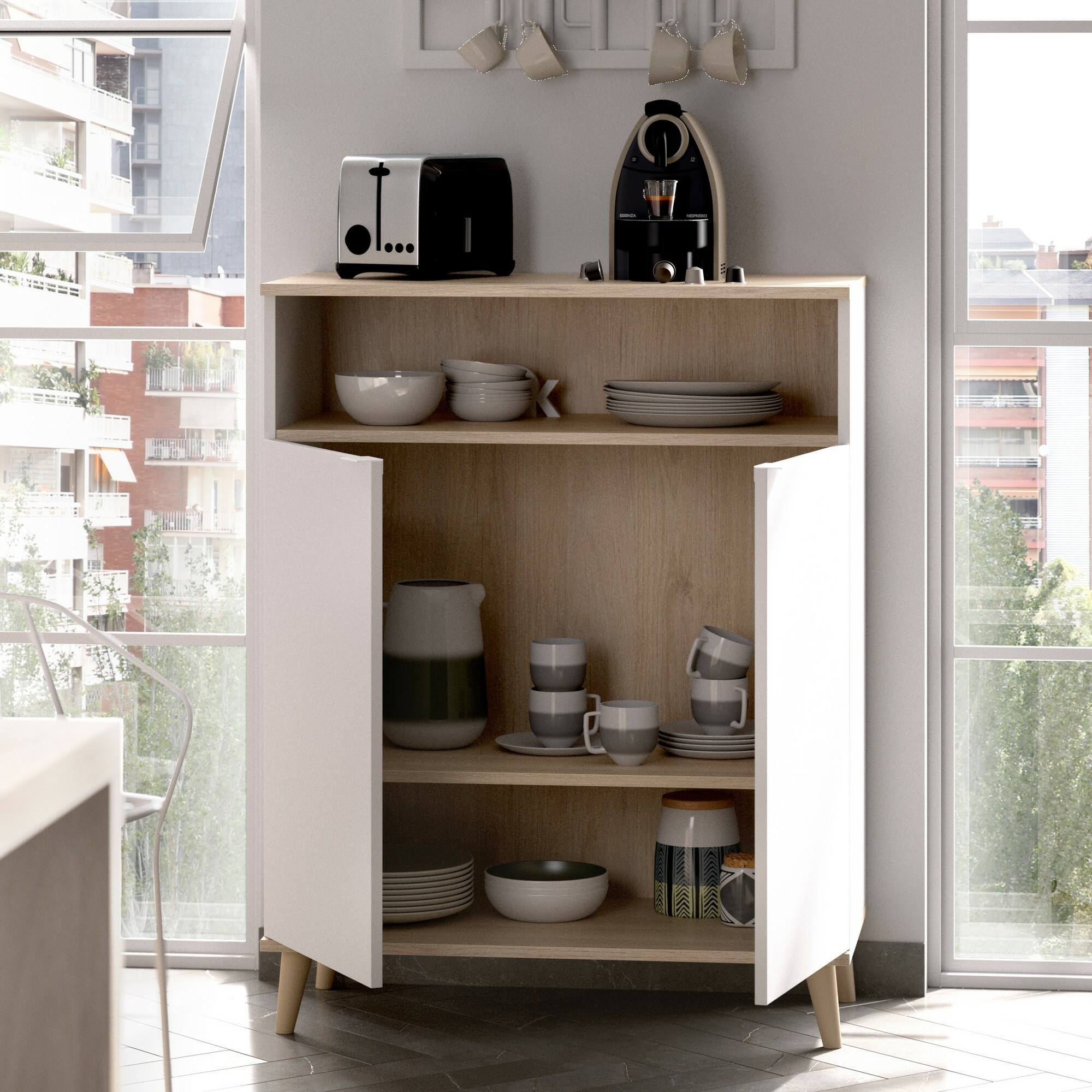 Credenza Varatella, Buffet dispensa da soggiorno, Madia da salotto moderna a 2 ante, 80x40h102 cm, Bianco e Rovere