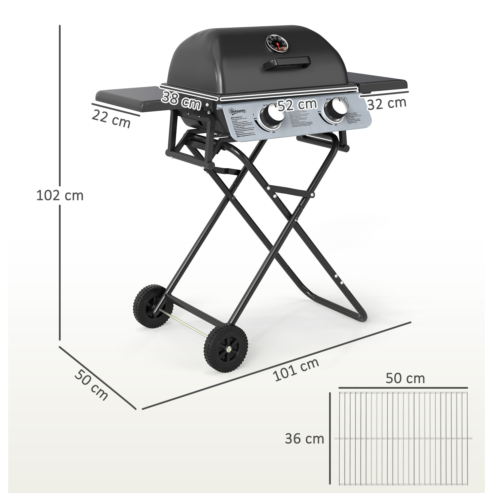 Barbacoa de Gas con 2 Quemadores de Acero Inoxidable 2,8 KW Barbacoa Portátil con Mesas Laterales Plegables Bandeja Extraíble Termómetro y 2 Ruedas para Pícnic Camping 101x50x102 cm Negro