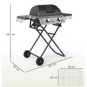 Barbacoa de Gas con 2 Quemadores de Acero Inoxidable 2,8 KW Barbacoa Portátil con Mesas Laterales Plegables Bandeja Extraíble Termómetro y 2 Ruedas para Pícnic Camping 101x50x102 cm Negro