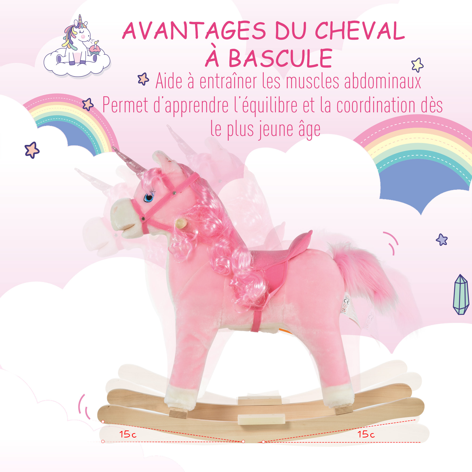 Cheval à bascule modèle licorne avec sons authentiques selle grand confort bois de peuplier rose dim. L74 x l33 x 62H cm